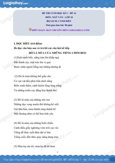 Đề thi học kì 2 Văn 10 Cánh diều - Đề số 14